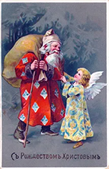 Father Christmas with sack and angel on a Russian postcard Father Christmas with sack and angel on a Russian postcard