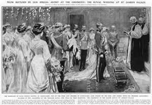 <b class=qtipBold><figcaption>Fife Connaught Marriage</figcaption></b><br>ARTHUR PRINCE OF CONNAUGHT pictured with Alexandra, Duchess of Fife, during their wedding ceremony at the Chapel Royal, St. James's Palace, watched by assembled royals. Date: 1883 - 1938<br><em>© Illustrated London News Ltd/Mar</em> Fife Connaught Marriage