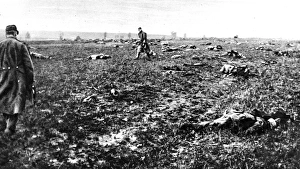 After a fight in Champagne: Bodies of fallen German soldiers strewn over a battlefield after action After a fight in Champagne: Bodies of fallen German soldiers strewn over a battlefield after action