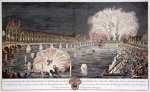 <b class=qtipBold><figcaption>Fireworks on the River Seine, Paris</figcaption></b><br>Fireworks on the River Seine, Paris, on the occasion of the marriage of Princess Louise Elisabeth of France (the eldest daughter of King Louis XV) to the Infante Philip, younger son of Philip V of Spain. She was 12, he was 19. One of a set of plates published in a large folio by P G Le Mercier, Paris, 1740. Date: 29 August 1739<br><em>© Mary Evans Picture Library</em> Fireworks on the River Seine, Paris