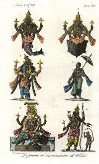 The first six incarnations of the Hindu god Vishnu The first six incarnations of the Hindu god Vishnu