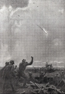 First World War (1918). German plane on fire, beign First World War (1918). German plane on fire, beign