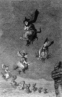 <b class=qtipBold><figcaption>Flight of Witches</figcaption></b><br>a flight of witches - some on broomsticks, others riding their familiars<br><em>© Mary Evans Picture Library</em> Flight of Witches