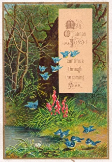 Flock of blue tits in summer scene on a Christmas card Flock of blue tits in summer scene on a Christmas card