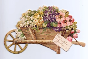 Flowers in a wheelbarrow on a cutout Christmas card Flowers in a wheelbarrow on a cutout Christmas card