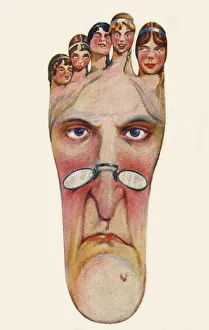 Foot-shaped comic postcard, mother and five daughters Foot-shaped comic postcard, mother and five daughters