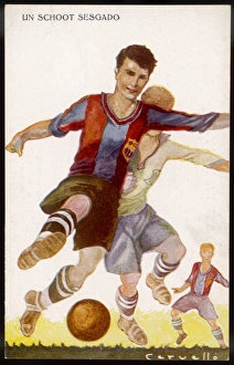 <b class=qtipBold><figcaption>Football/Spanish Card</figcaption></b><br>Boys playing football in Spanish team colours (Barcelona in foreground, unknown team colours in background)<br><em>© Mary Evans Picture Library</em> Football/Spanish Card
