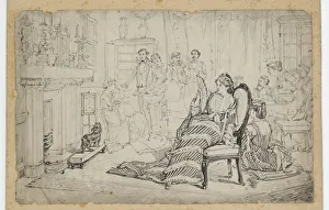 <b class=qtipBold><figcaption>Forfeits</figcaption></b><br>Pen and ink drawing depicting a game of 'Forfeits' being played in a drawing room, after a painting by Eyre Crowe exhibited at the Royal Academy in 1880. Date: 1880<br><em>© The Geffrye Museum of the Home / Mary Evans Picture Library</em> Forfeits