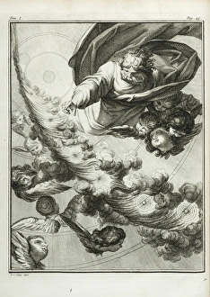 <b class=qtipBold><figcaption>Formation of planets myth</figcaption></b><br>Formation of planets myth. Engraving by J. vander Schley, from Pierre de Hondt, Histoire Naturelle generale et particuliere avec la description du Cabinet du Roy. Frontispiece to 'Preuves de la Theorie de la Terre. Article I. De la formation des Planetes'. Date: 1750<br><em>© The John Innes Centre/The John Innes Foundation/Mary Evans</em> Formation of planets myth