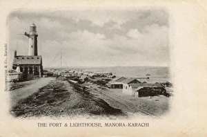 Fort and Lighthouse, Manora Point, Karachi, British India Fort and Lighthouse, Manora Point, Karachi, British India