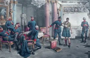 Fortunino Matania Prints: Gordon Highlander Interrogated by German Officers Print 1916