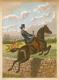 <b class=qtipBold><figcaption>Fox Hunt/Jumps Wall</figcaption></b><br>Lady jumping a wall, side saddle on a brown horse.<br><em>© Mary Evans Picture Library</em> Fox Hunt/Jumps Wall