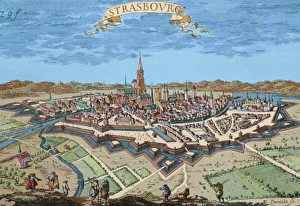 France. Strasbourg. Engraving. 17th century. Colored France. Strasbourg. Engraving. 17th century. Colored