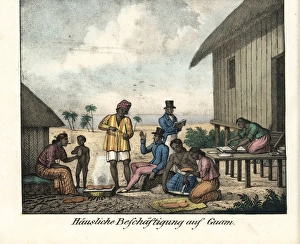 French explorers visiting a Chamorro stilt house on Guam French explorers visiting a Chamorro stilt house on Guam