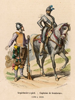<b class=qtipBold><figcaption>French Soldiers Ca 1600</figcaption></b><br>Two French soldiers of the time of Henri IV - an ARQUEBUSIER A PIED (foot arquebusier) and a CAPITAINE DE GENDARMES<br><em>© Mary Evans Picture Library</em> French Soldiers Ca 1600