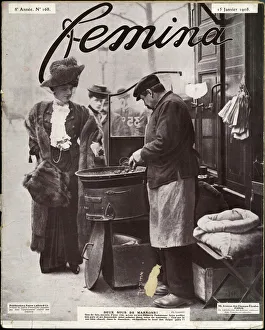 French street trader selling hot roasted chestnuts 1908 French street trader selling hot roasted chestnuts 1908