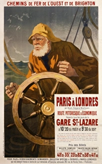 <b class=qtipBold><figcaption>French travel poster</figcaption></b><br>Poster advertising routes from Paris to London via the French National Railways and the ports of Rouen, Dieppe and Newhaven. The poster depicts a grim-faced sea salt in a sou'wester at the wheel of a boat. It looks quite stormy and I'm not entirely convinced this is the best way to encourage travellers to use your service.<br><em>© Mary Evans Picture Library 2015 - https://copyrighthub.org/s0/hub1/creation/maryevans/MaryEvansPictureID/10419247</em> French travel poster