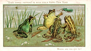 Frogs and grasshopper on a New Year card Frogs and grasshopper on a New Year card