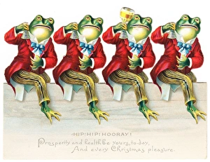 Four frogs in red tailcoats on a cutout Christmas card Four frogs in red tailcoats on a cutout Christmas card