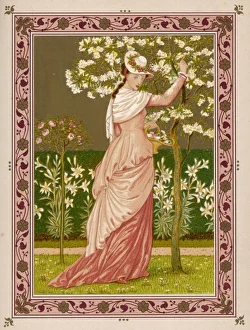<b class=qtipBold><figcaption>Garden/Decorative Lady</figcaption></b><br>'Cherry Ripe': a pretty lady in a pink dress stands in front of a tree full of blossom.<br><em>© Mary Evans Picture Library</em> Garden/Decorative Lady