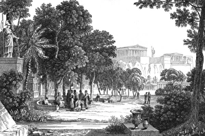 <b class=qtipBold><figcaption>The Garden of Philosophers</figcaption></b><br>The Garden of Philosophers, Athens. The acropolis can be seen in the distance. Date: circa 350 BC<br><em>© Mary Evans Picture Library</em> The Garden of Philosophers