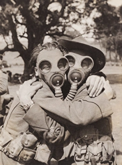 Gas drill in Australia, two people in gas masks, WW1 Gas drill in Australia, two people in gas masks, WW1