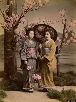 <b class=qtipBold><figcaption>Two geishas and a parasol</figcaption></b><br>Two geishas and a parasol in Japan<br><em>© Mary Evans/Pump Park Vintage Photography</em> Two geishas and a parasol