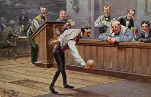 Gentleman bowling at a skittles alley in a German Beer Hall Gentleman bowling at a skittles alley in a German Beer Hall