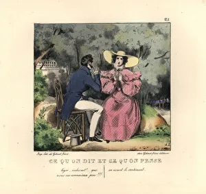 Scandal Gallery: Gentleman and lady on a date in a garden, 19th century