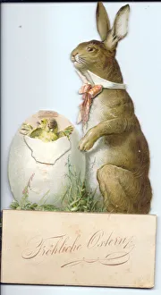 German Easter card with rabbit and hatching chicks German Easter card with rabbit and hatching chicks