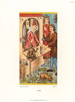German female haberdasher in a shop selling thread, 1492 German female haberdasher in a shop selling thread, 1492