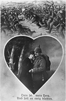 <b class=qtipBold><figcaption>German memory card WWI</figcaption></b><br>German memory card for couple depicting victorious German troops routing their enemy.<br><em>© Mary Evans/Robert Hunt Collection</em> German memory card WWI