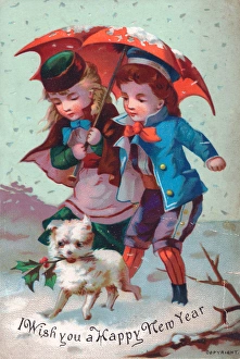 Girl and boy with dog on a New Year card Girl and boy with dog on a New Year card