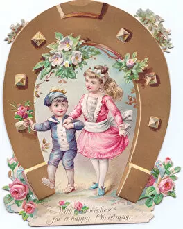Girl and boy with flowers on a shaped Christmas card