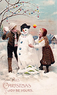 Girl and boy with snowman on a Christmas postcard Girl and boy with snowman on a Christmas postcard