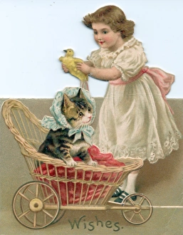 Girl with cat and bird on a Good Wishes cutout card Girl with cat and bird on a Good Wishes cutout card