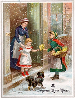 Girl delivering flowers in the snow on a New Year card Girl delivering flowers in the snow on a New Year card