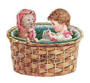 Girl and dog in a basket on a cutout Christmas card Girl and dog in a basket on a cutout Christmas card