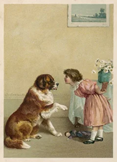 <b class=qtipBold><figcaption>Girl and Dog/Begging</figcaption></b><br>'Give me your paw !' - a small girl shakes hands with her Saint Bernard before giving it a dog-biscuit.<br><em>© Mary Evans Picture Library</em> Girl and Dog/Begging