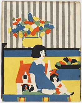 <b class=qtipBold><figcaption>Girl and dolls' house</figcaption></b><br>A bold and colourful art deco back cover of a children's book jacket depicting a little girl playing indoors with her doll and dolls' house.<br><em>© Mary Evans/The Bookshop on the Heath Ltd</em> Girl and dolls' house
