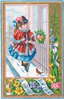 Girl with flowers and robin on a New Year card Girl with flowers and robin on a New Year card