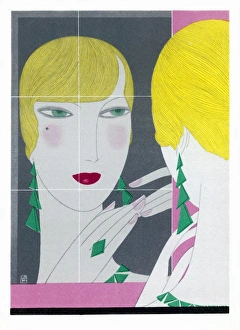 <b class=qtipBold><figcaption>Girl at her Mirror</figcaption></b><br>An elegant woman looks at her reflection in the mirror to check that her makeup is in good order.<br><em>© Mary Evans Picture Library</em> Girl at her Mirror