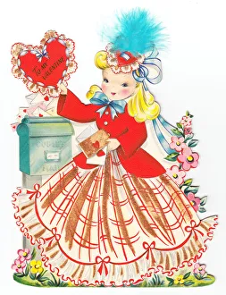 Girl at a post box on a Valentine card Girl at a post box on a Valentine card