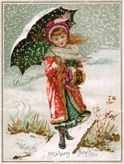Girl with umbrella in the snow on a New Year card Girl with umbrella in the snow on a New Year card