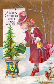 Girl watering tree on a Christmas and New Year card Girl watering tree on a Christmas and New Year card