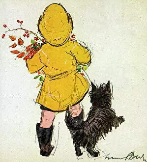 Muriel Dawson Gallery: Girl in yellow with black dog, by Muriel Dawson