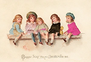 Five girls on a wall on a fabric Christmas card Five girls on a wall on a fabric Christmas card