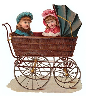 Girls in wickerwork pram on a Victorian scrap Girls in wickerwork pram on a Victorian scrap
