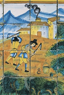 Glazed tile with farmers working the land. Ceramics Glazed tile with farmers working the land. Ceramics
