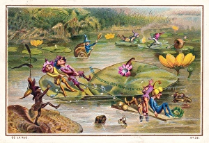 Goblins on a river on a Christmas and New Year card Goblins on a river on a Christmas and New Year card